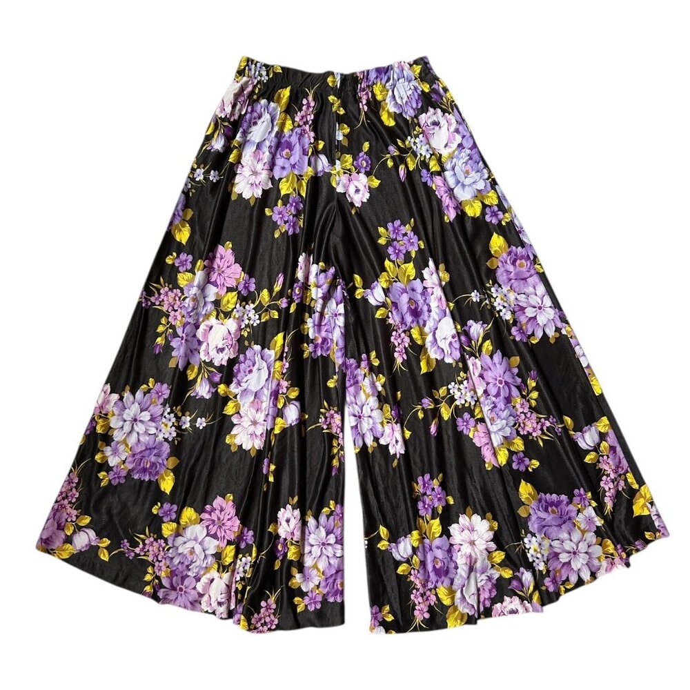 70s Vintage Ultra Wide Leg Pants Highwaisted Floral Print Palazzo Boho Flower.